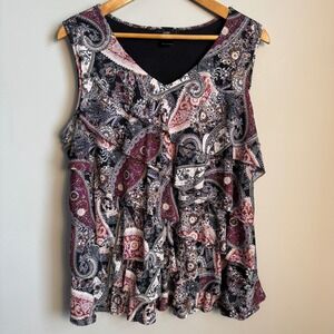 LEEBE Womens Abstract Paisley Tiered Ruffle Sleeveless V-Neck Blouse Boho Chic